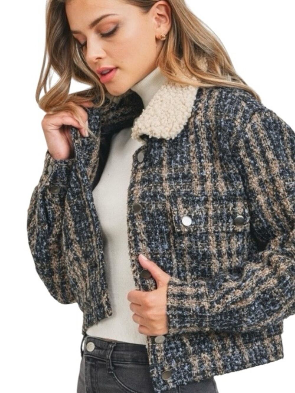 Sweet Rain Cropped Jacket Size M Blue Black Plaid Tweed Faux Sherpa Collar